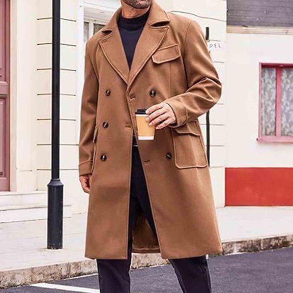 Betivan Men's Casual Wool Blend Trench Coat, Double Button Pocket Long Sleeve Windbreaker, Solid Color Formal-Casual Outerwear Jacket