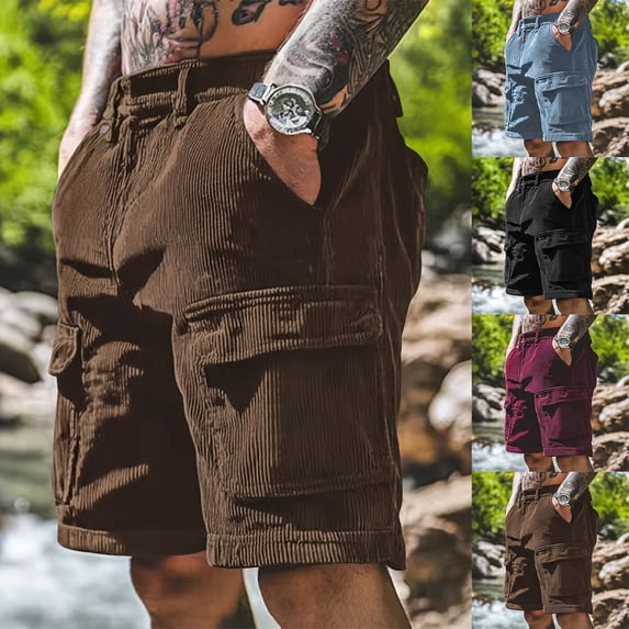 Betivan Men's Corduroy Cargo Shorts Solid Color Multi Pockets Loose Retro Fit Knee Length Elastic Waist Outdoor Work Shorts