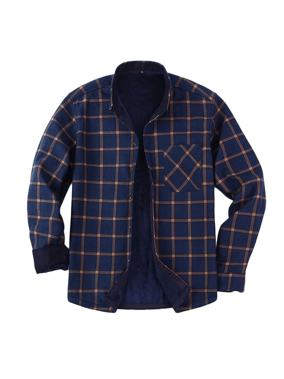 Men's Flannel Shirt Jacket Thick Fleece Lined Jackets Plaid Sherpa Shirt Cotton Winter Warm Coat With Pockets
