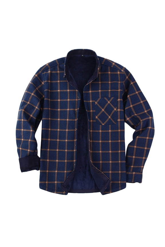 Men's Flannel Shirt Jacket Thick Fleece Lined Jackets Plaid Sherpa Shirt Cotton Winter Warm Coat With Pockets