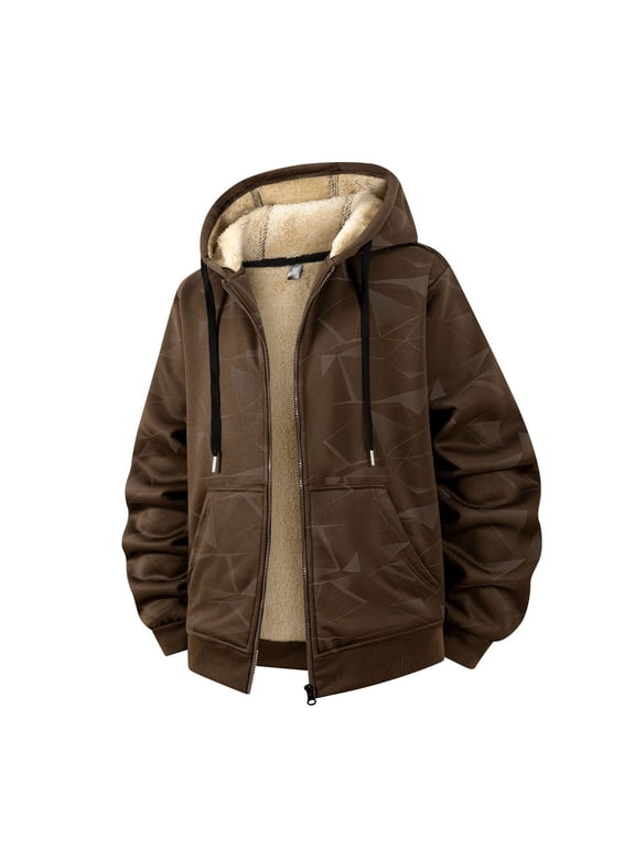 Men's Fleece Warm Jacket Fall Winter Geometric Long Sleeve Hooded Zippered Pullover Top for Daily Wear, Outdoor Activities, Casual Parties, Weekend