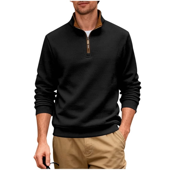 Betivan Men's Fleece-lined Solid Color Hoodie, Long Sleeve Half-Zip Stand Collar Pullover for Office Daily Business Casual