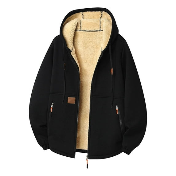 Betivan Men's Lamb Fleece Warm Jacket, Solid Color Long Sleeve Hooded Zipper Cardigan, for Winter Outdoor Home Trips
