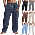 thumbnail image 1 of Betivan Men's Linen Cargo Pants Solid Color Drawstring Elastic Waist Breathable Regular Fit Casual Work Outdoor Long Trousers, 1 of 6