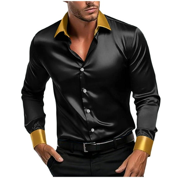 Betivan Men's Luxury Satin Dress Shirt Shiny Embroidery Silk Long Sleeve Button Up Shirts Prom Wedding Party Dancing Shirt