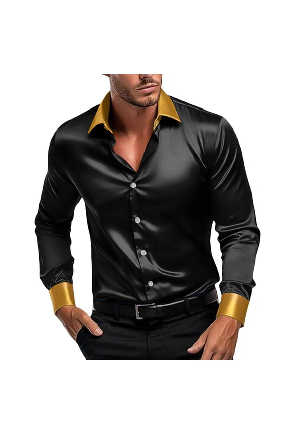 Men's Luxury Satin Dress Shirt Shiny Embroidery Silk Long Sleeve Button Up Shirts Prom Wedding Party Dancing Shirt