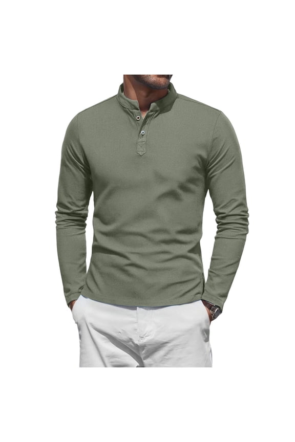 Men's Shirt Cotton Linen Solid Color Stand Collar Button Placket Pullover Tee Long Sleeve High Low Hem Split Casual Blouse Lightweight Soft for Daily Leisure Commuting Outdoor