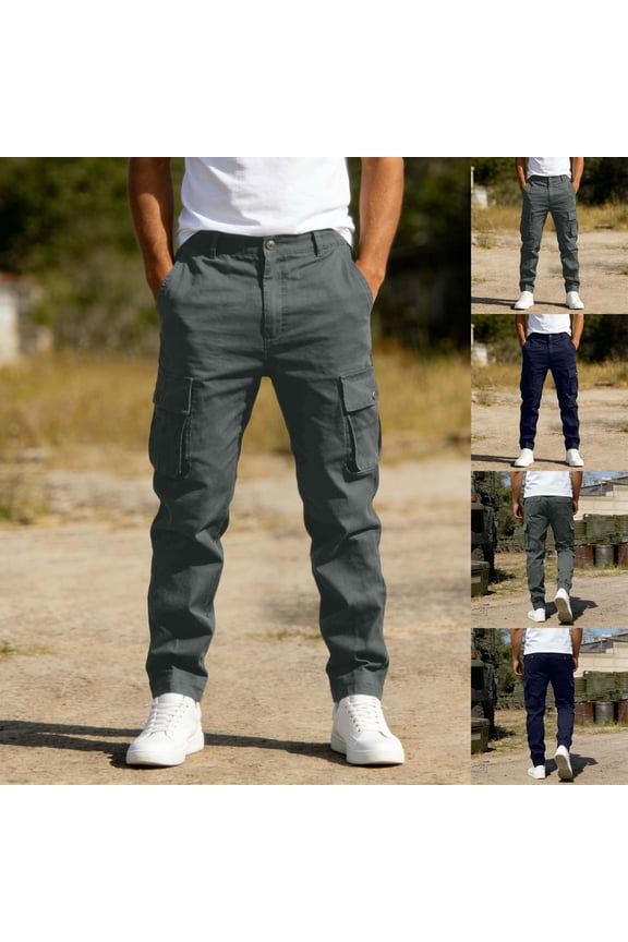 Men's Six Pocket Cargo Pants Solid Color Button Zipper Waist Straight Leg Loose Fit Outdoor Work Utility Casual Long Trousers