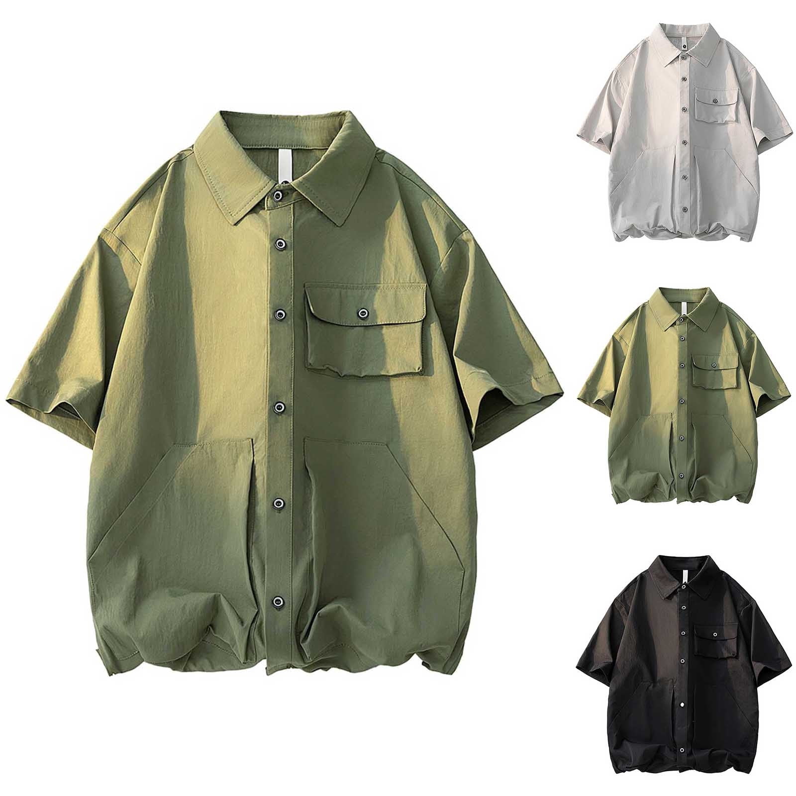 Betivan Men's Solid Color Button Pocket Blouses Short Sleeve Button ...