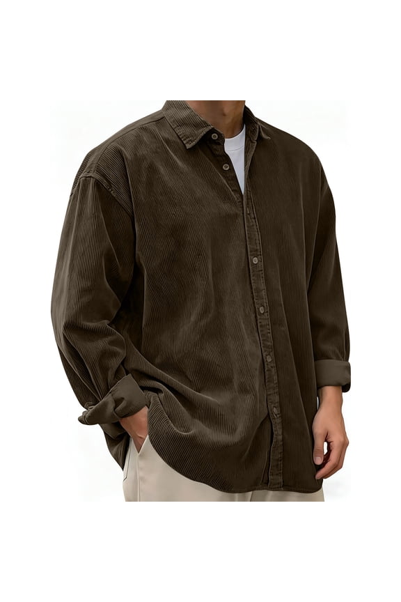Men's Solid Color Corduroy Long Sleeved Button Up Collar Casual Fashion Shirt Long Sleeved Collar Top/shirt Mens Casual Outerwear Warm Fall Winter Clothing