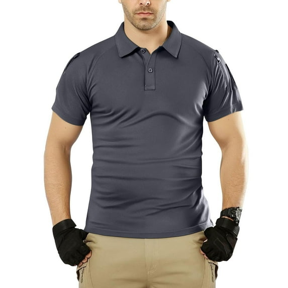 Betivan Men's Summer Solid Color Raglan Sleeve Turndown Collar Shirt Button Zipper Pocket Tactical Training Uniform Daily Outdoor Sports Breathable Fashion Top