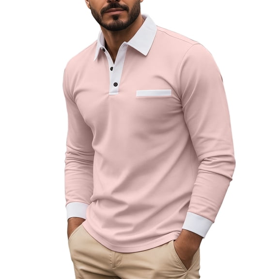 Betivan Men's T-shirt Solid Color Long Sleeved Lapel Button Down Top, Soft Breathable Casual Tee for Business office Outdoor Camping