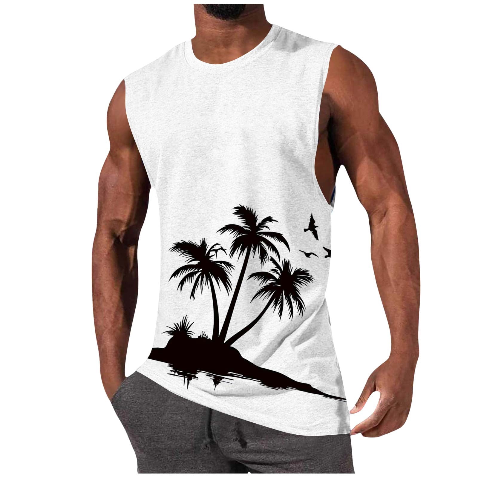 Betivan Men's Tank Top Hawaiian Print Pullover Casual Sports Vest Round ...