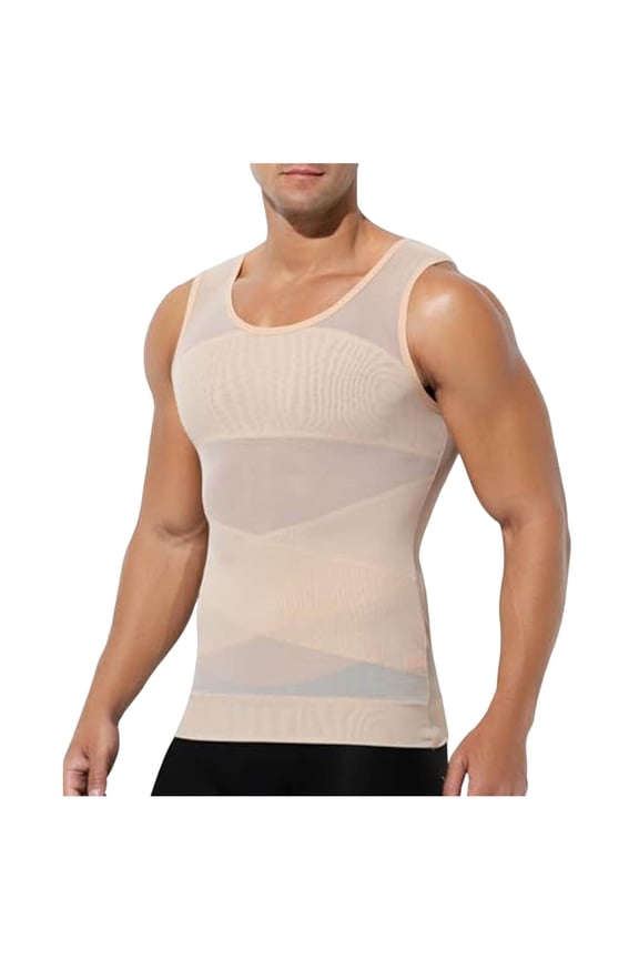 Men's Tank Top Solid Color Mesh Elastic Four-Way Stretch Round-Neck Vest, Tummy Control Slimming Top for Gym Office Daily Layering Outdoor