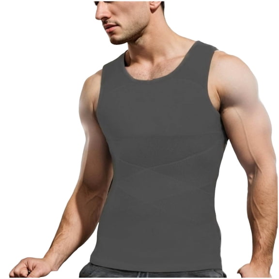 Betivan Men's Tank Top Solid Color Mesh Elastic Four-Way Stretch Round-Neck Vest, Tummy Control Slimming Top for Gym Office Daily Layering Outdoor