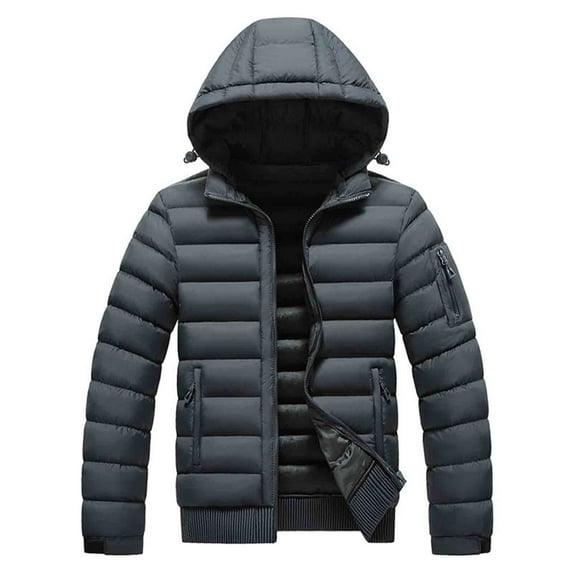 Betivan Men's Thickened Solid Color Detachable Hood Zipper Parka, Winter Warm Cotton Jacket with Zipper Pockets, Long Sleeve Cold Season Wear Casual Outerwear
