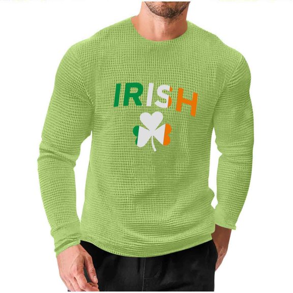 Betivan Men's Waffle Knit T-shirt St. Patrick's Day Printed Long Sleeve Crew Neck Top Loose Elastic Fitness for Home Gym Training Holiday Party
