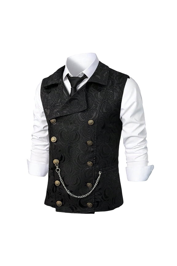 Men's Waistcoat Turndown Collar Jacquard Fabric Double Breasted Chain Business Dress Suit Vest Formal Jacket Smooth Durable Regular Fit for Office Wedding Banquet