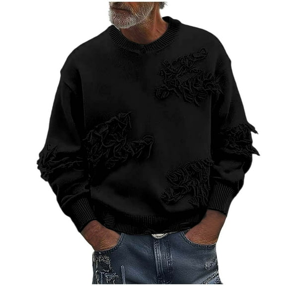 Betivan Men's Winter Crew Neck Sweatshirts Embroidery Distressed Ripped Hole Long Sleeves Streetwear Knitted Sweater Pullover for Daily, Outdoor, Casual Gatherings, Home