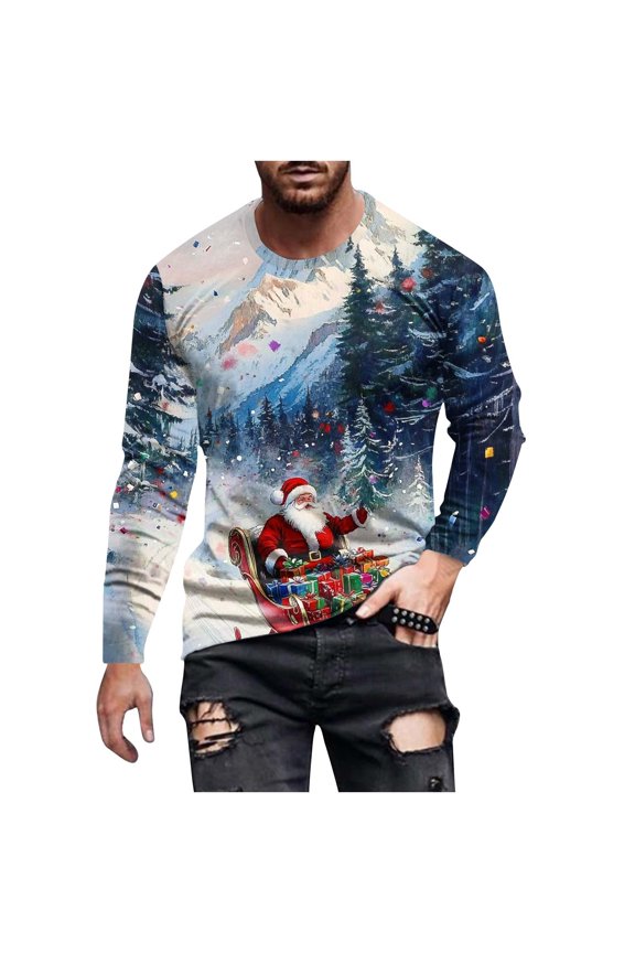 Mens Christmas Long Sleeve Shirts Casual Holiday Winter Hem Crewneck Sweater Trendy Long Sleeve Loose Fit Xmas Tree Pullover Tops