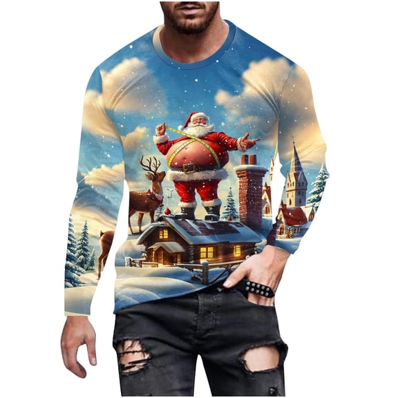 Betivan Mens Christmas Shirts Casual Holiday Hem Crewneck Sweater Trendy Long Sleeve Loose Fit Xmas Tree Pullover Tops