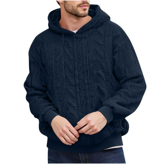 Betivan Mens Hooded Sweatshirts Fleece-Backed Jacquard Pocket Fuzzy Sherpa Pullover Long Sleeve Fall Winter Textured Outwear