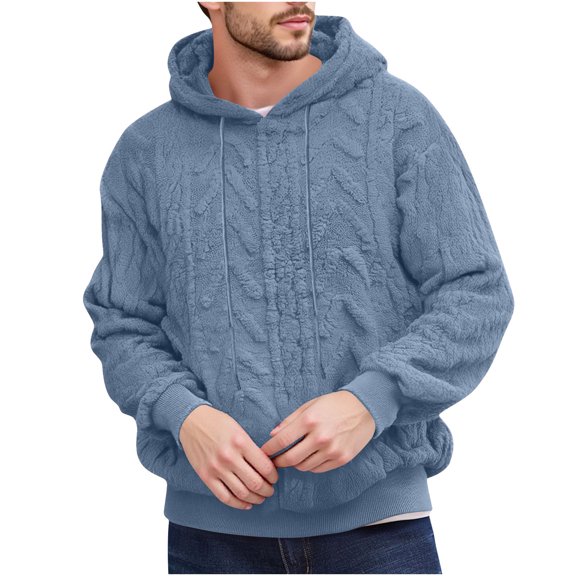 Betivan Mens Hooded Sweatshirts Fleece-Backed Jacquard Pocket Fuzzy Sherpa Pullover Long Sleeve Fall Winter Textured Outwear