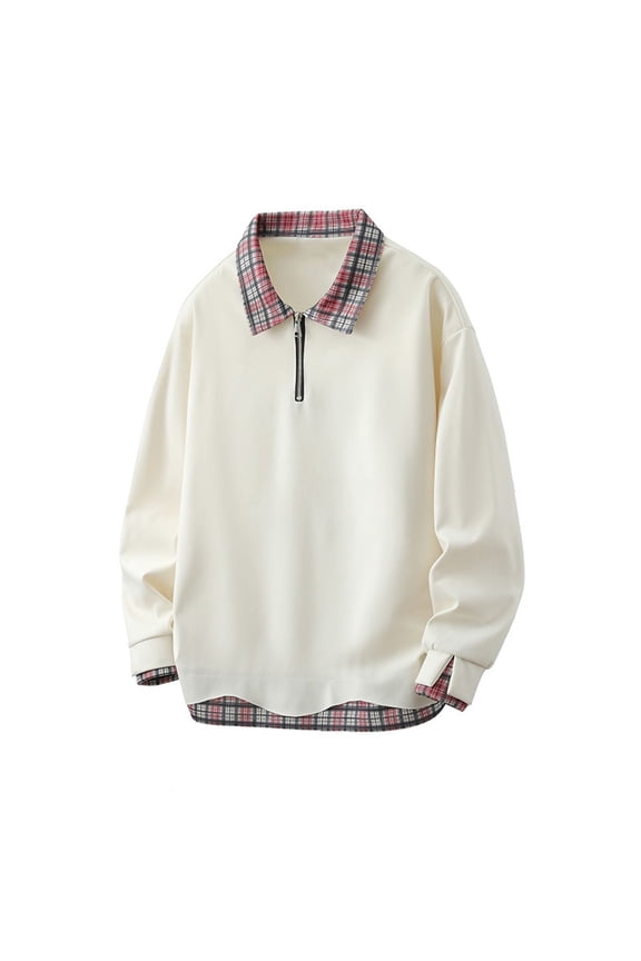 Mens Sweatshirt Fake Two Pieces Polo Half-zip Vintage Plaid Collar Button Pullover Top