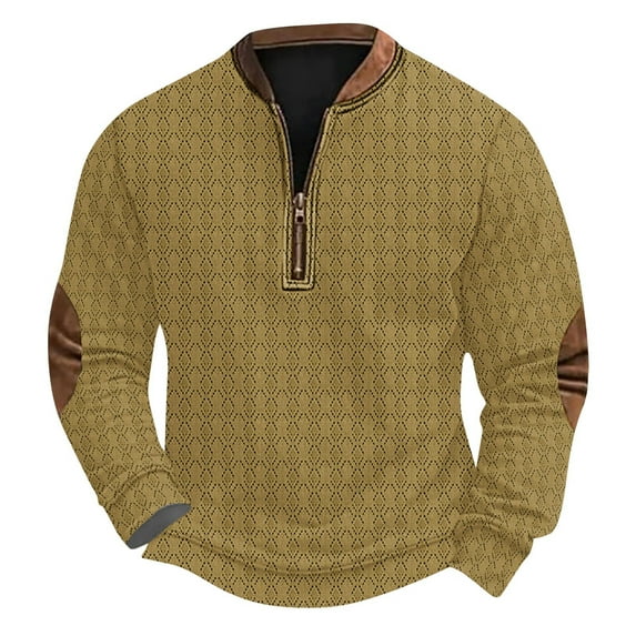 Betivan Mens Zipper Pullover Sweatshirt Stand Collar Solid-Color Fall Winter Polo Pullover, Outdoor Fashion Long Sleeve with Elbow Patches