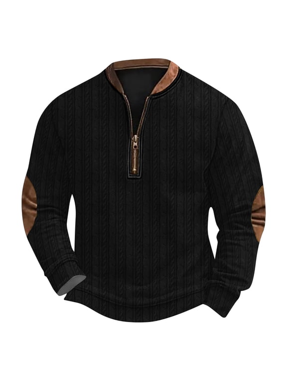 Mens Zipper Pullover Sweatshirt Stand Collar Solid-Color Fall Winter Polo Pullover, Outdoor Fashion Long Sleeve with Elbow Patches