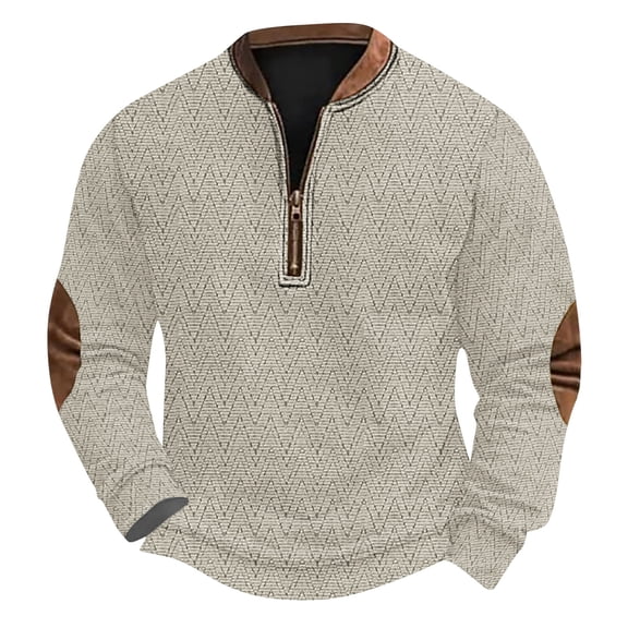 Betivan Mens Zipper Pullover Sweatshirt Stand Collar Solid-Color Fall Winter Polo Pullover, Outdoor Fashion Long Sleeve with Elbow Patches