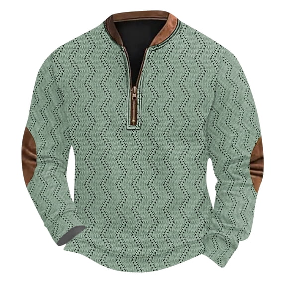 Betivan Mens Zipper Pullover Sweatshirt Stand Collar Solid-Color Fall Winter Polo Pullover, Outdoor Fashion Long Sleeve with Elbow Patches
