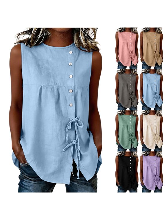 Summer Camisole Tops for Women Sleeveless Crew Neck Drawstring Side Shirts Loose Fit Casual Blouses for Going Out