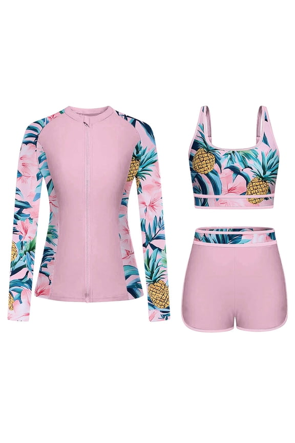 Women 3 Piece Rash Guard Swimsuit Long Sleeve Zip Up Built In Bra Top With Boyshorts Quick Dry Sun Protection Surfing Diving Beach Pool Swimming Vacation