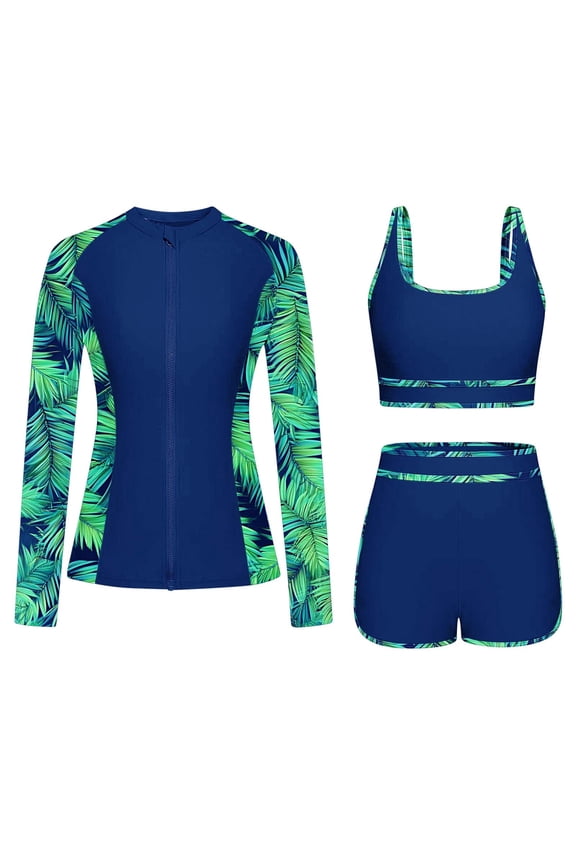 Women 3 Piece Rash Guard Swimsuit Long Sleeve Zip Up Built In Bra Top With Boyshorts Quick Dry Sun Protection Surfing Diving Beach Pool Swimming Vacation