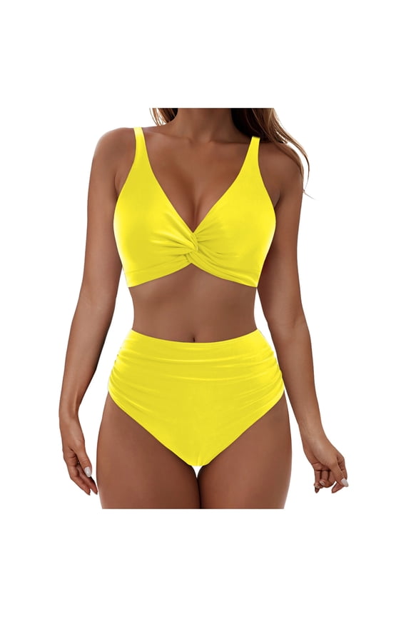 Women Bikini Swimsuit Solid V Neck Push Up Two Piece Set Wireless Padded Top Adjustable Back Closure High Waist Bottom Tummy Control Beach Pool Swimming Vacation