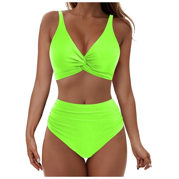 Betivan Women Bikini Swimsuit Solid V Neck Push Up Two Piece Set Wireless Padded Top Adjustable Back Closure High Waist Bottom Tummy Control Beach Pool Swimming Vacation