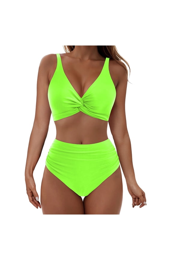 Women Bikini Swimsuit Solid V Neck Push Up Two Piece Set Wireless Padded Top Adjustable Back Closure High Waist Bottom Tummy Control Beach Pool Swimming Vacation