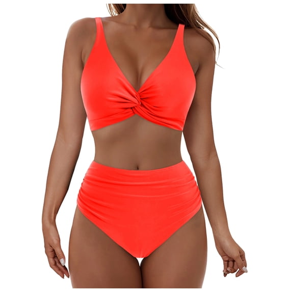 Betivan Women Bikini Swimsuit Solid V Neck Push Up Two Piece Set Wireless Padded Top Adjustable Back Closure High Waist Bottom Tummy Control Beach Pool Swimming Vacation
