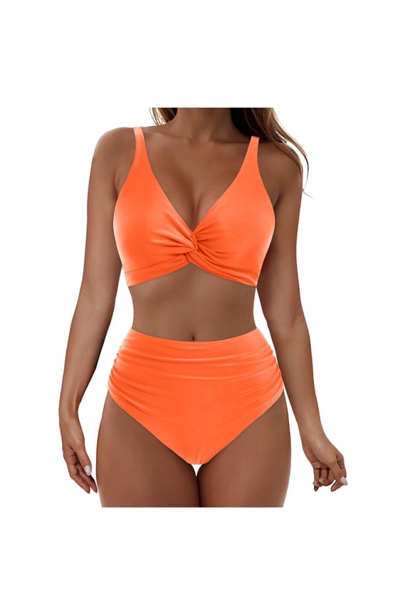 Women Bikini Swimsuit Solid V Neck Push Up Two Piece Set Wireless Padded Top Adjustable Back Closure High Waist Bottom Tummy Control Beach Pool Swimming Vacation