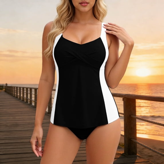 Betivan Women Tankini Swimsuit Solid Color Backless Strappy Off Shoulder Modest Sporty Tank Top With Padded Pocket Two Piece Bathing Suit Beach Pool Swimming Vacation
