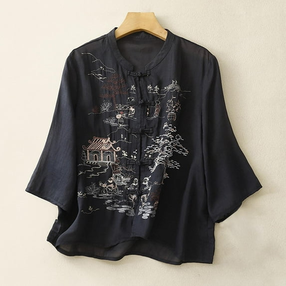 Betivan Women Tops Clearances Women's Embroidery Coil Buckle Shirts Summer Cotton Linen Loose Stand-up Collar 3/4 Sleeve Blouses Casual Vintage Chinoiserie Top Blouse