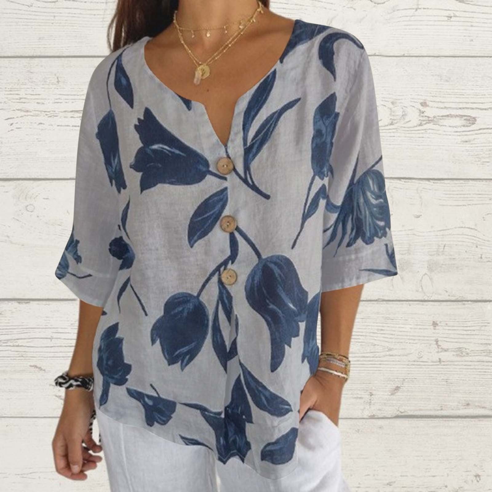 Women's V-Neck Button-Up Blouse - Casual Short Sleeve Loose Fit Top For Work & Summer