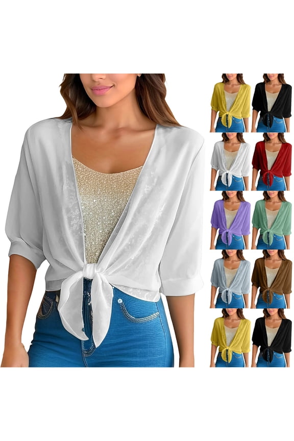 Women's 2026 Summer Lightweight Short Bolero Cardigan Shrug Sheer Tie Front Top 3/4 Sleeve Jacket for Dress
