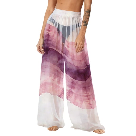 Betivan Women's Beach Pants Bohemian Chiffon Graphic Lightweight Sun Protection Wide Leg Trousers Sheer Breathable Summer Casual Daily Beach Vacation Pool