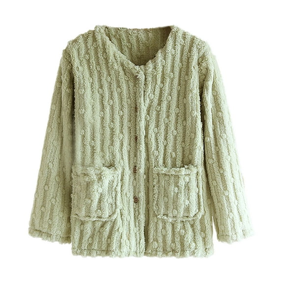 Betivan Women's Fleece Bed Jacket Stylish Notched Collar, Long Sleeves, Front Pockets, Button Front