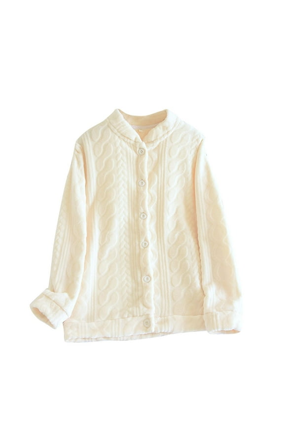 Women's Fleece Bed Jacket Stylish Notched Collar, Long Sleeves, Front Pockets, Button Front