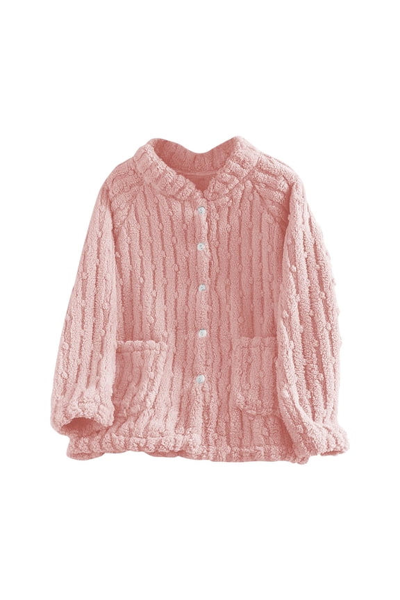 Women's Fleece Bed Jacket Stylish Notched Collar, Long Sleeves, Front Pockets, Button Front