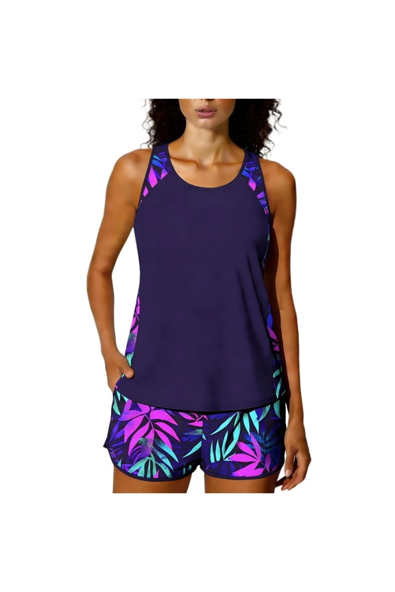 Women's Hawaii Color Block Tankini Swimsuit Set Padded Off Shoulder Backless Strap Two-Piece Swimwear with Pockets Elastic Quick Dry Conservative Beach Bathing Suit for Vacation Pool Spa
