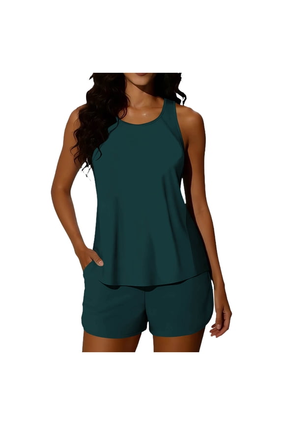 Women's Hawaii Color Block Tankini Swimsuit Set Padded Off Shoulder Backless Strap Two-Piece Swimwear with Pockets Elastic Quick Dry Conservative Beach Bathing Suit for Vacation Pool Spa